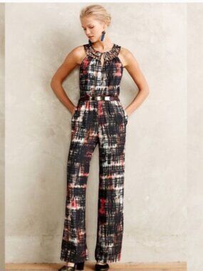 Anthropologie Elevenses Brustroke Abstract Jumpsuit XS Wide Leg Lattice Neck Poc